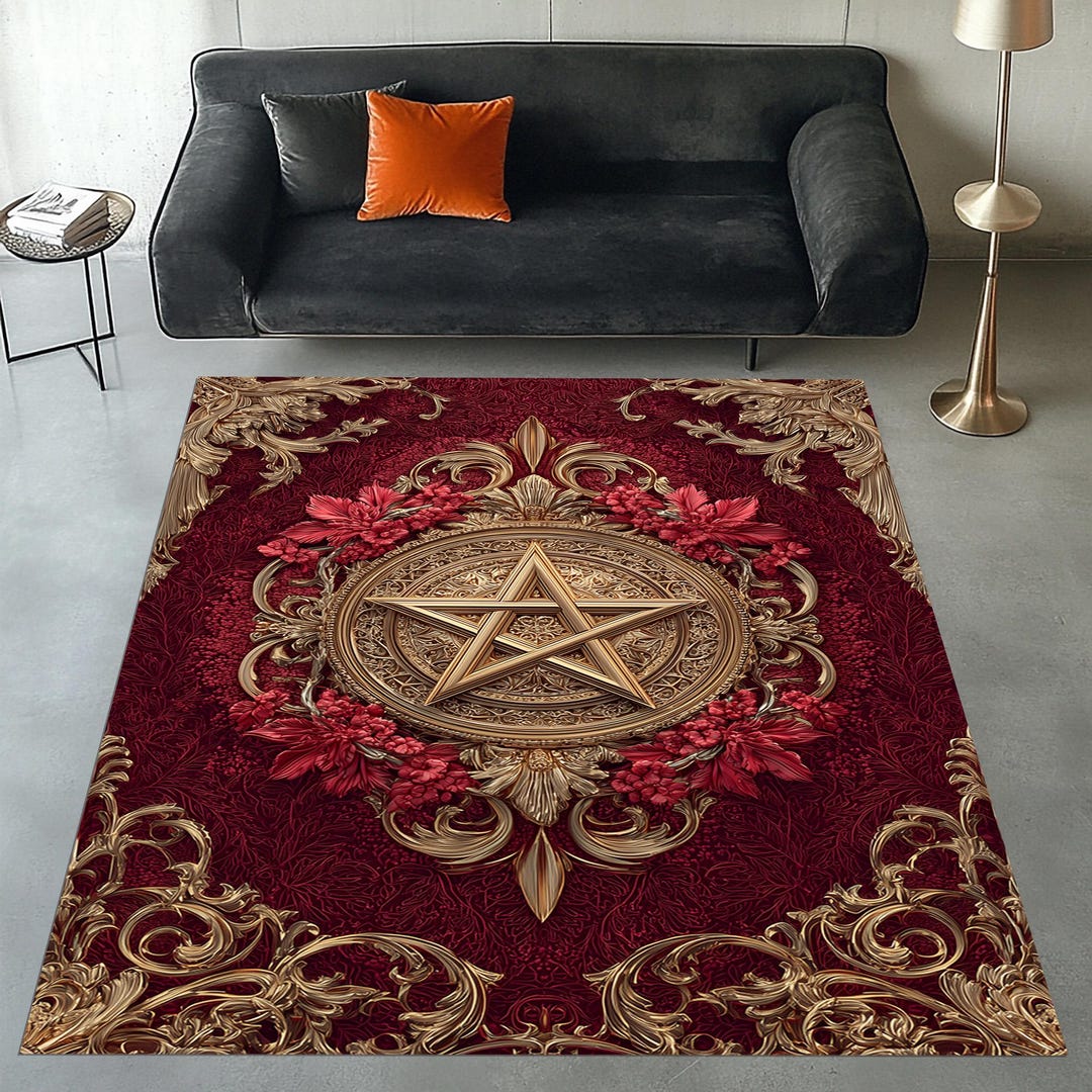 Pentagram Rug Design Gothic Pentagram Area Rug, Red Floral, Velvet Decor - Etsy