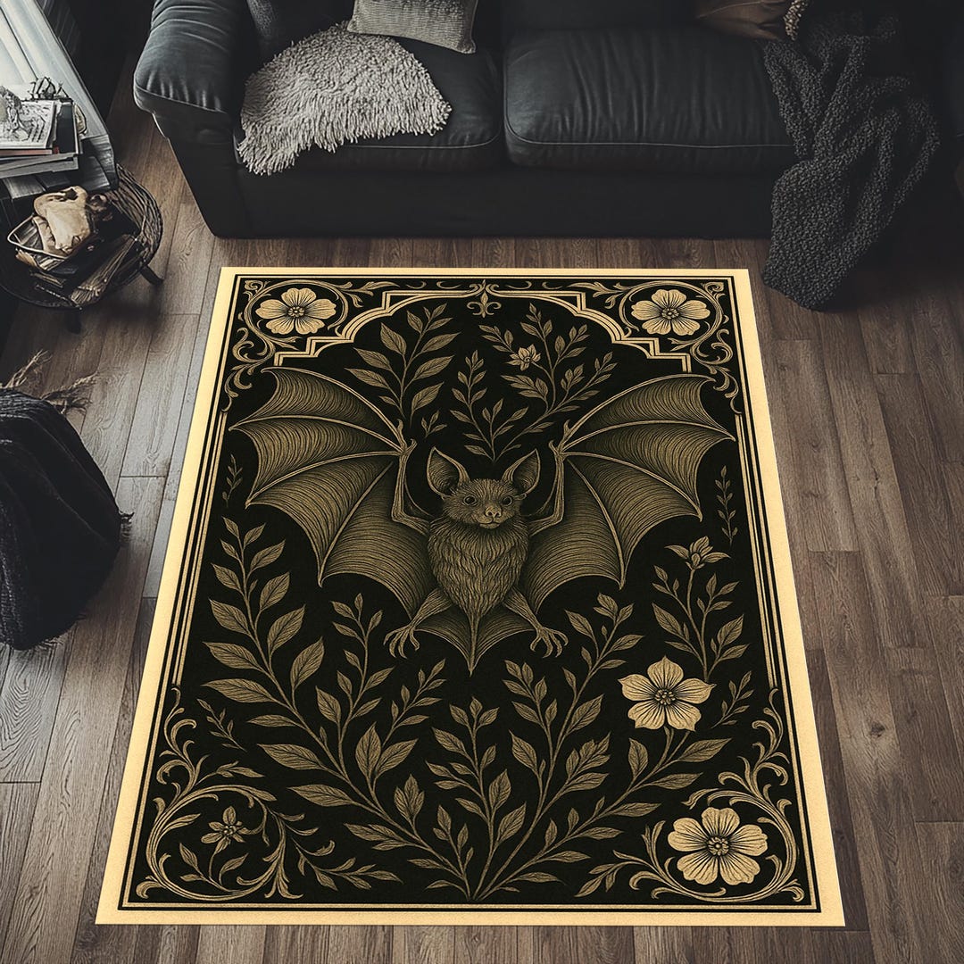 Dark Aesthetic Bat Rug, Gothic Style Bat Rug, Bat Area Rug, Floral Bat ...