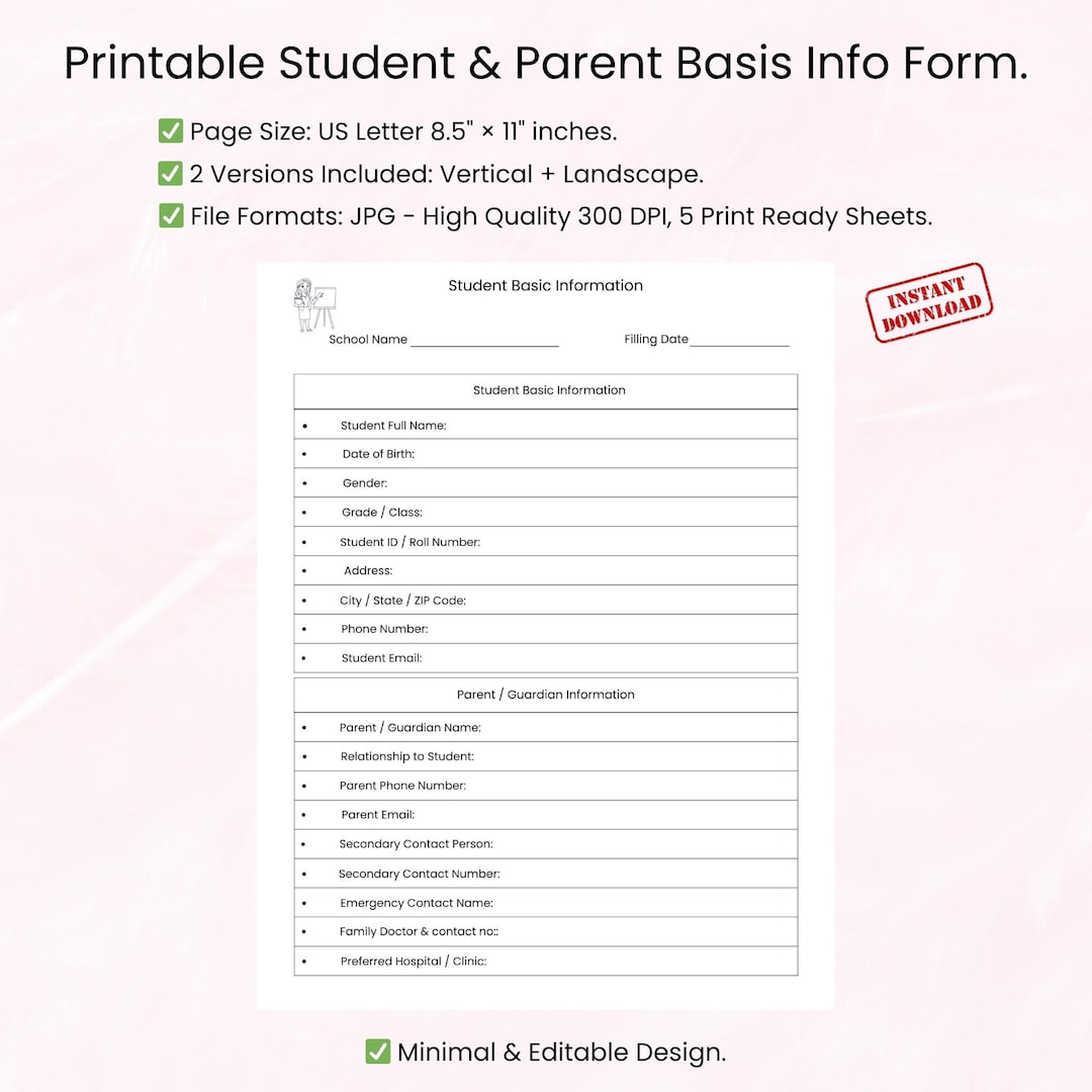 Student Information Sheet | Printable School Info Form - Etsy