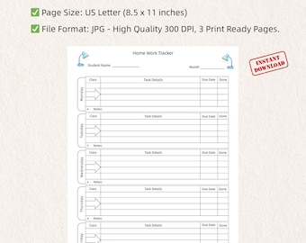 Homework Tracker | Weekly Student Assignment Printable Planner