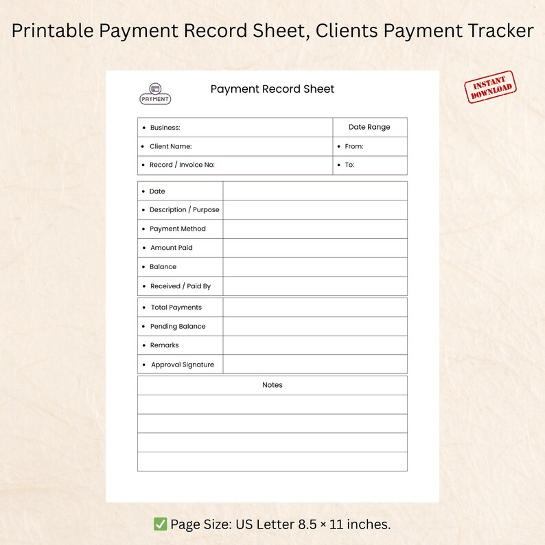 Payment Tracker Sheet | Printable Business Record Template - Etsy