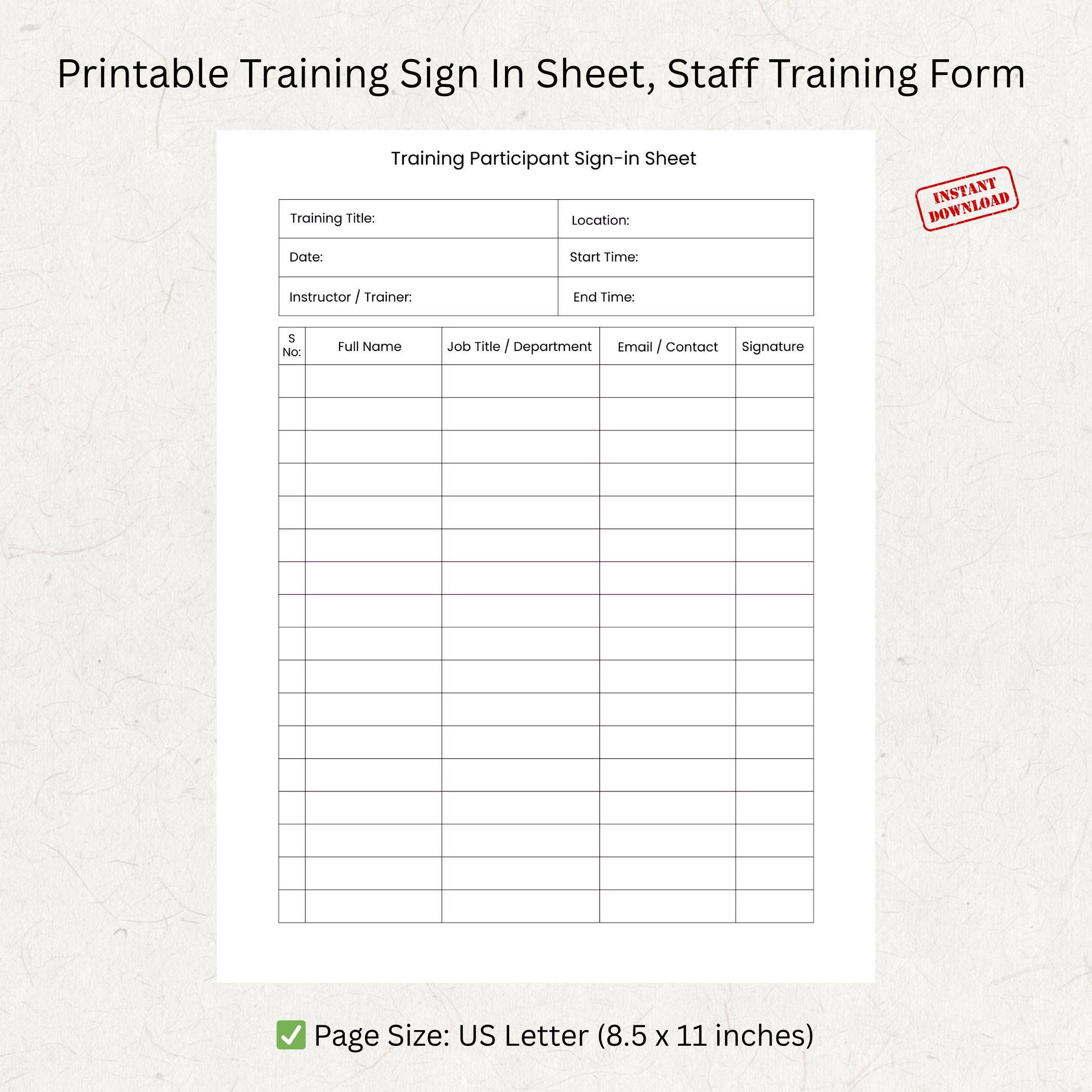 Training Sign In Form Training Sign in Sheet Printable | Staff Training Register Form for ...