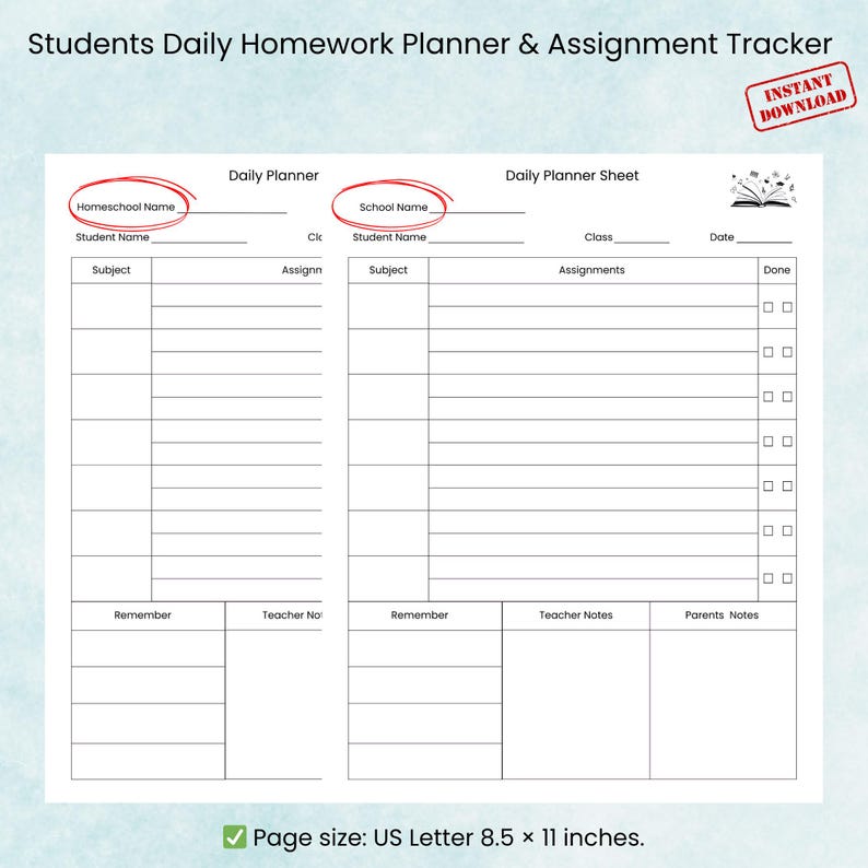 Homework Planner Printable | Weekly School Assignment Tracker - Etsy
