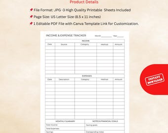 Income & Expense Tracker Printable | Monthly Budget Planner