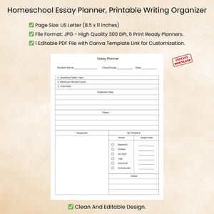 Puede incluir: Un planificador de ensayos imprimible para la escuela en casa con un diseño limpio y editable. El planificador incluye secciones para el nombre del estudiante, la clase, la fecha, los títulos potenciales, la tesis, los puntos clave y una línea de tiempo.