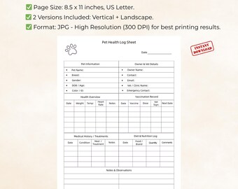 Pet Health Tracker Printable | Vet Record Sheet | Dog Owner Log