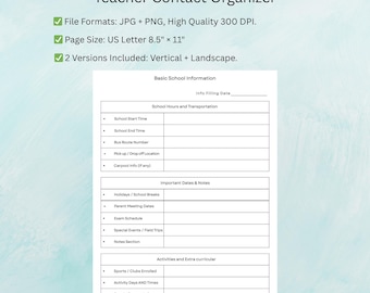 School Information Sheet Printable | Teacher Contact Organizer