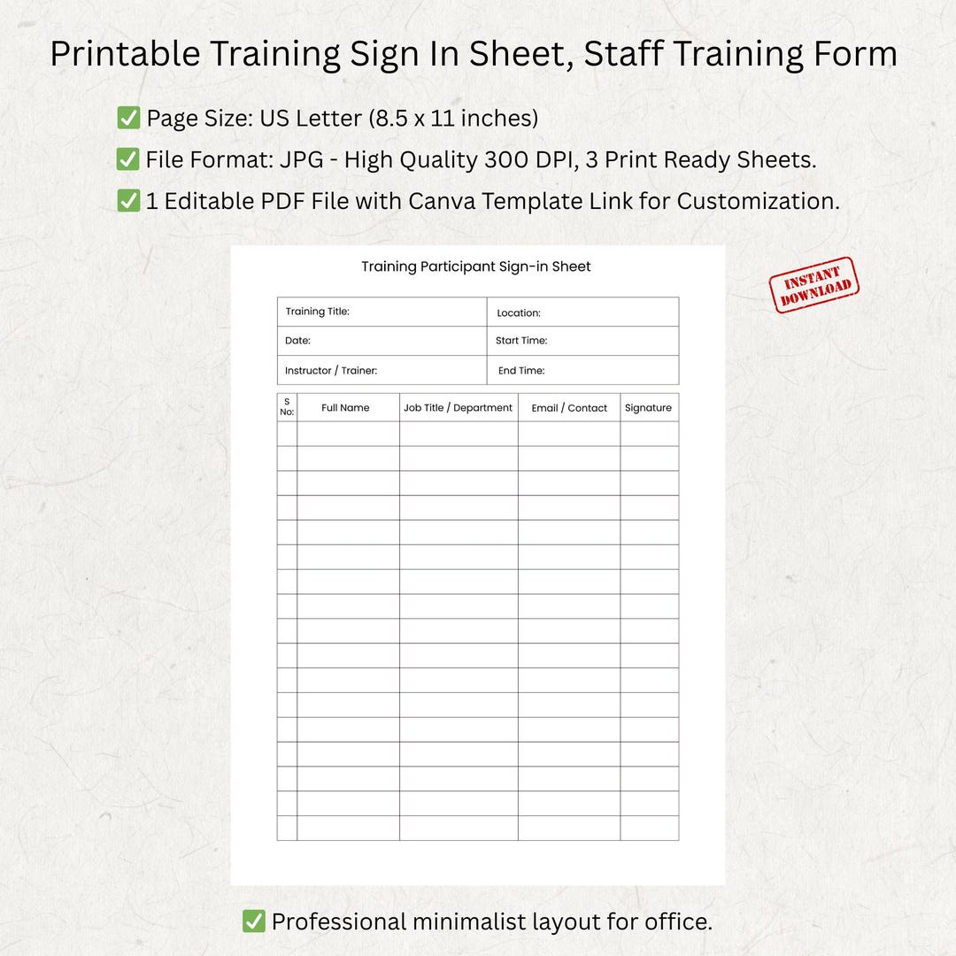 Training Sign in Sheet Printable | Staff Training Register Form for ...