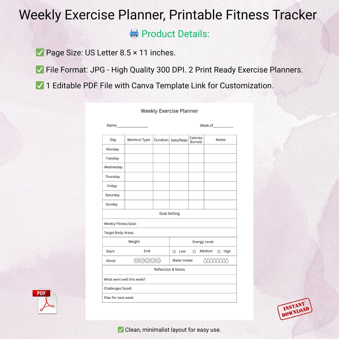 Weekly Exercise Planner Printable | Fitness Tracker Template & Workout ...