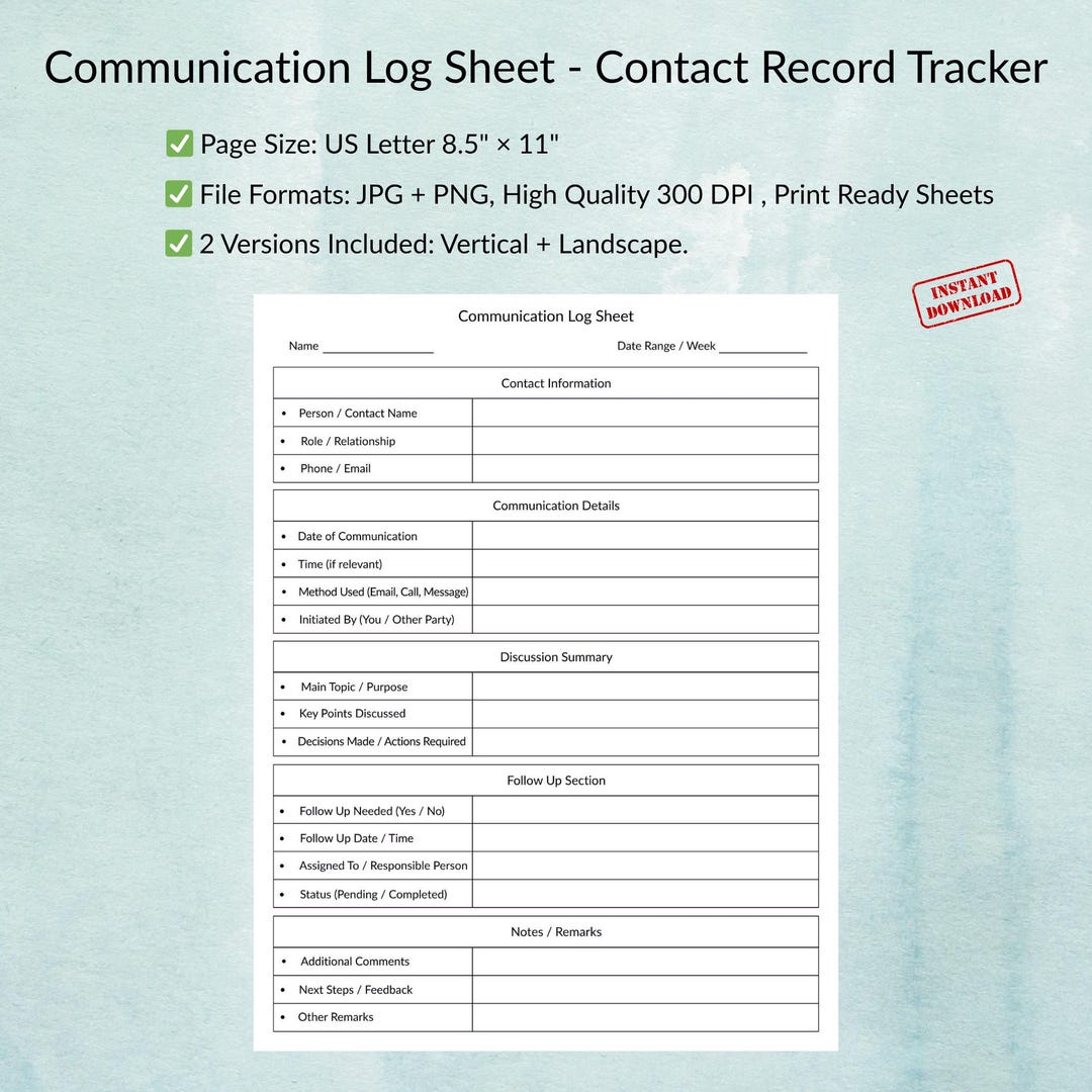 Printable Communication Log Sheet | Client Contact Tracker - Etsy