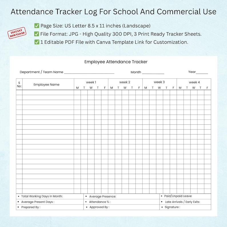 HR Attendance Tracker | Printable Log Sheet for School and Commercial ...