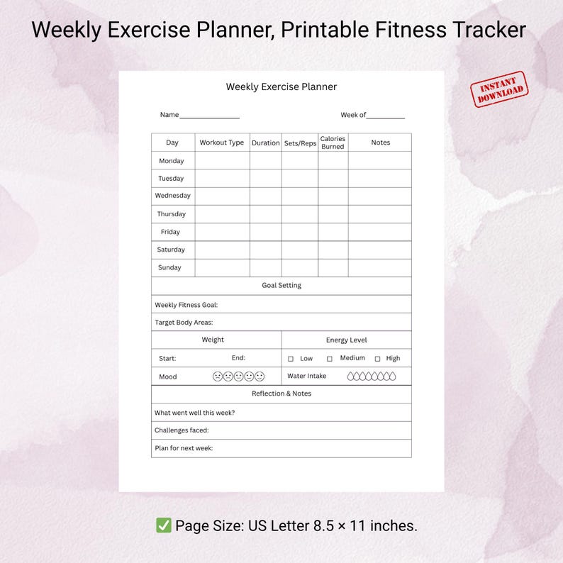 Exercise Planner Printable | Weekly Fitness Tracker Template - Etsy