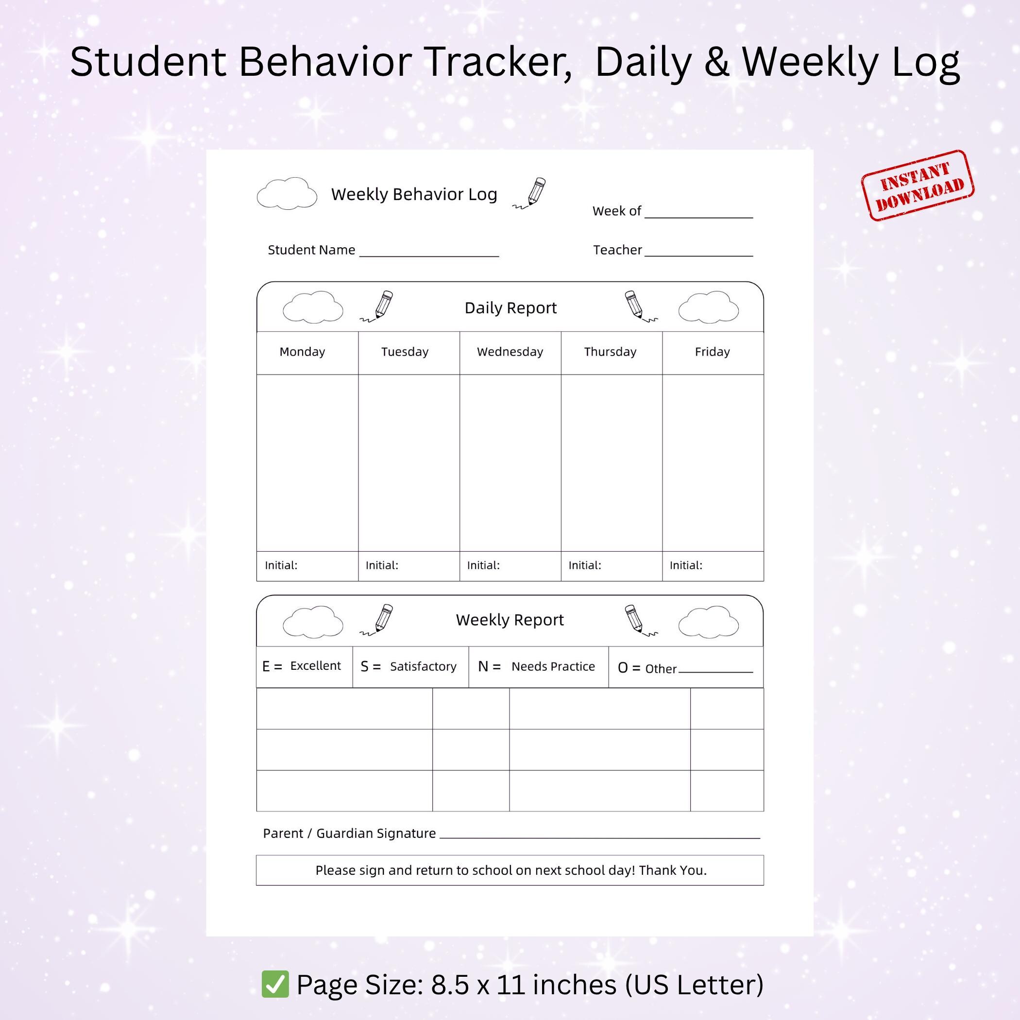 Student Behavior Log | Printable Daily Weekly Report Sheet for ...