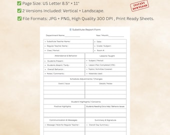 Substitute Teacher Report Form Printable | Daily Class Details