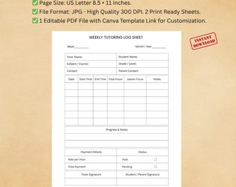 Tutoring Log Sheet Printable | Weekly Tutor Timesheet & Payment Record Tracker