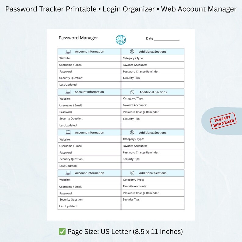 Password Tracker Printable | Login Organizer | Web Account Manager ...