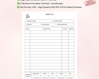 Registro de calificaciones de estudiantes/Hoja de registro de calificaciones imprimible para docentes
