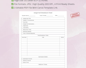 Desglose de tareas imprimible / Planificador de estudio para estudiantes