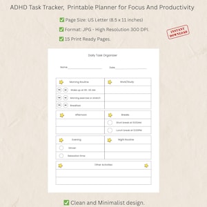 May include: A printable ADHD task tracker planner with a clean, minimalist design. The planner includes sections for daily routines, work/study, and other activities. The page size is US Letter (8.5 x 11 inches).