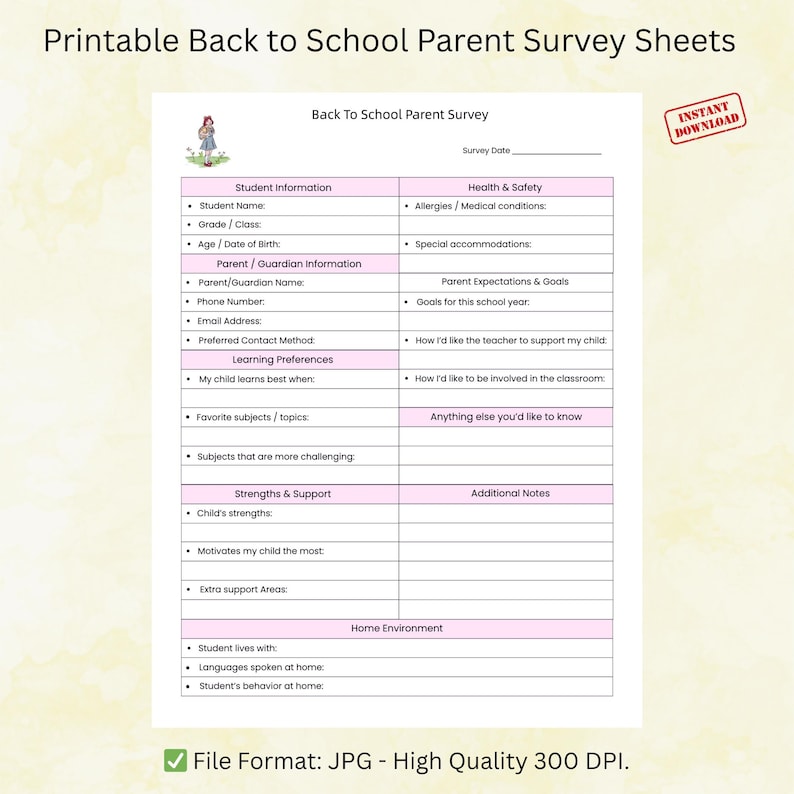 Parent Survey Form Printable | Student Information Sheet - Etsy