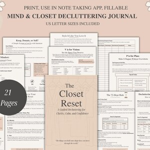 Könnte beinhalten: Ein druckbares, ausfüllbares Journal mit dem Titel "The Closet Reset: Ein Leitfaden zum Entrümpeln für Klarheit, Ruhe und Selbstvertrauen". Das Journal umfasst 21 Seiten und beinhaltet Abschnitte für Mindset, Vision, Planung und die Verfolgung von Entrümpelungskategorien. Das Cover zeigt ein pinkfarbenes und weißes Blumenmuster.