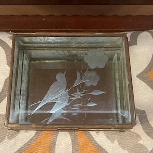 Vintage Etched Glass Trinket Box with Bird and Flower