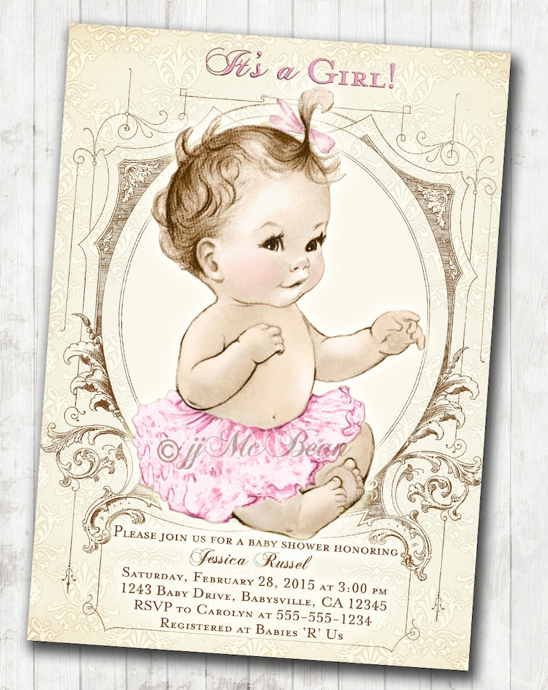 Girl Baby Shower Invitation Shabby Chic Vintage Baby Shower Invitation For Girl - Pink and Beige - DIY Printable image 1