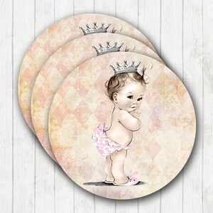 Vintage Baby Shower For Girl 2" Cupcake Toppers or Stickers  - Princess - Crown - Pink - DIY Printable INSTANT DOWNLOAD