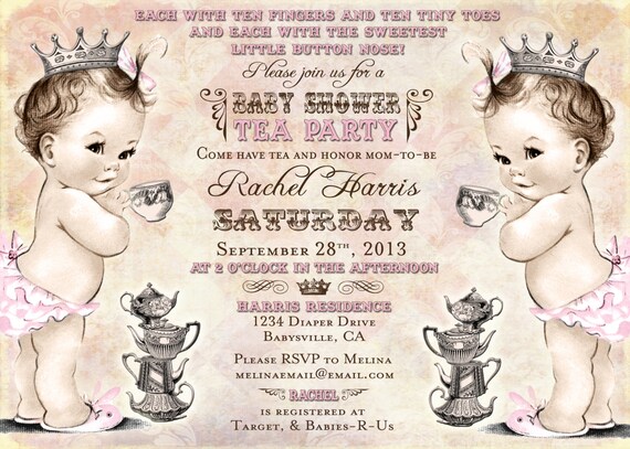 Twins Tea Party Baby Shower Invitation For Twin Girls - Vintage ...