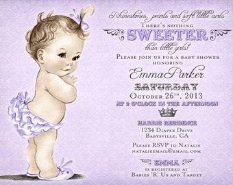 Vintage Baby Shower Invitation For Girl - Antique - Púrpura - DIY Printable