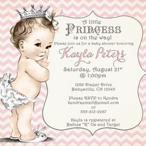 Girl Baby Shower Invitation Chevron Princess For Girl - Pink and Grey - Princess - Vintage - DIY Printable