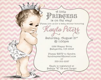 Girl Baby Shower Invitation Chevron Princess For Girl - Pink and Grey - Princess - Vintage - DIY Printable