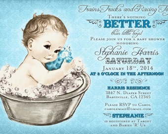 Baby Shower Invitation For Boy - Baby Bath - Vintage Style - DIY Printable