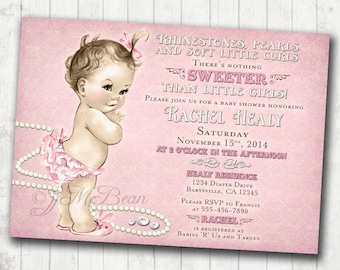 Vintage Baby Shower Invitation For Girl - Rhinestones, Pearls - Pink - DIY Printable