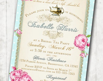Tea Party Bridal Shower Tea Party Invitation - Floral, Vintage, Pink, Aqua, Gold, Roses - DIY Printable