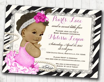 Girl Baby Shower Invitation for girl Zebra Pink Baby Shower Invitation For Girl Pearls and Lace - DIY Printable