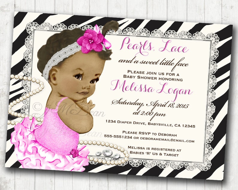 May include: A baby shower invitation with a black and white zebra print background. The invitation features a cartoon illustration of a baby girl wearing a pink tutu and a pearl necklace. The text on the invitation reads "Pearls. Lace and a sweet little face" and "Please join us for a baby shower honouring Melissa Logan". The invitation also includes the date and time of the shower, the address, and the RSVP information.