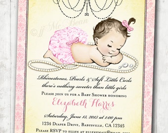 Girl Baby Shower Invitation Vintage Baby Shower Invitation For Girl - Rhinestones and Pearls Shabby Chic - DIY Printable