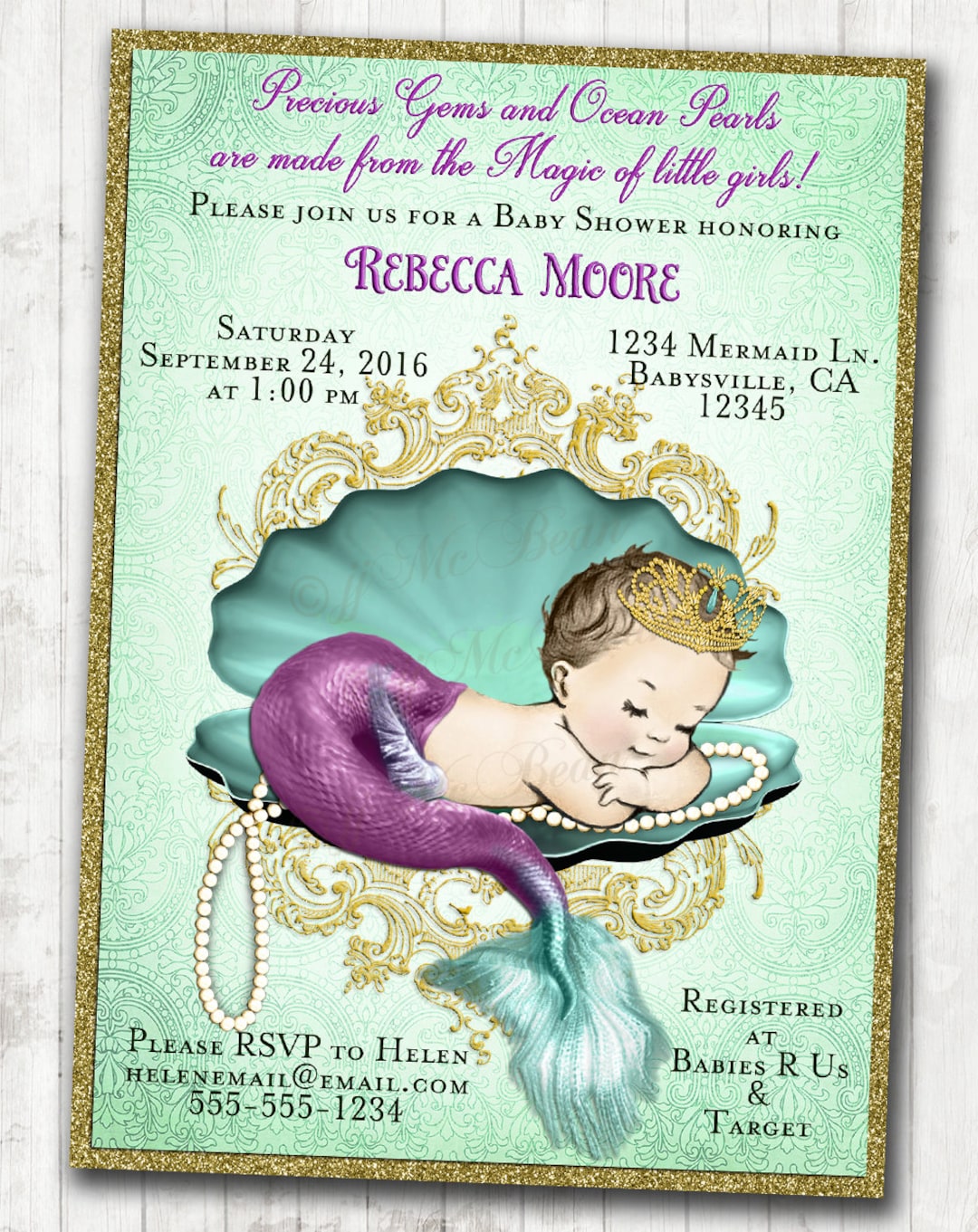 Teal Baby Shower Invitation Girl Mermaid Under the Sea Baby Etsy