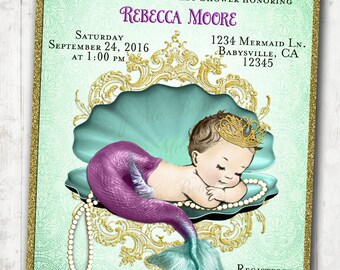 Teal Baby Shower Invitation Girl, Mermaid, Under the Sea, baby girl, little mermaid