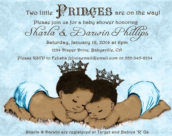 Prince Twins Baby Shower Invitation For Twin Boys - African American - Prince - Crown - DIY Printable