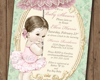 Sprinkle Baby Shower Invitation Sprinkle Vintage Baby Shower Invitation For Girl - mint gold and pink - DIY Printable