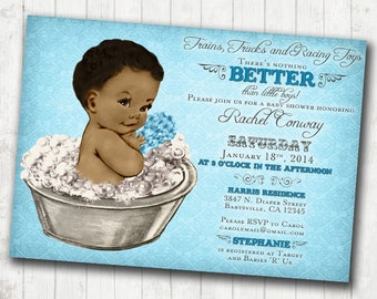 Vintage Baby African American Boy Shower Invitation - For Boy - Baby Bath - Blue - DIY Printable