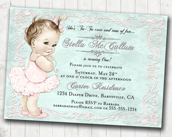 1st Birthday Invitation for Girl - Shabby Chic Birthday - Antique - Coral and Seafoam - DIY Printable Il_570xn