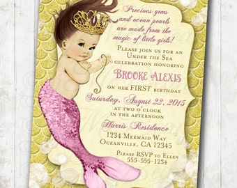 Mermaid Birthday Invitation Little Mermaid Ocean Birthday Under The Sea Pink and Gold Custom - DIY Printable