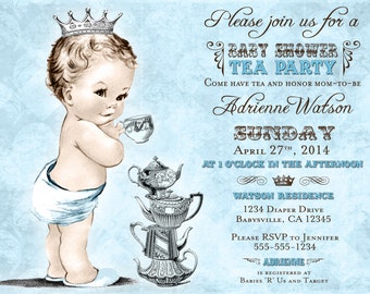 Tea Party Baby Shower Invitation For Boy - Prince - Crown - Blue - or DIY Printable