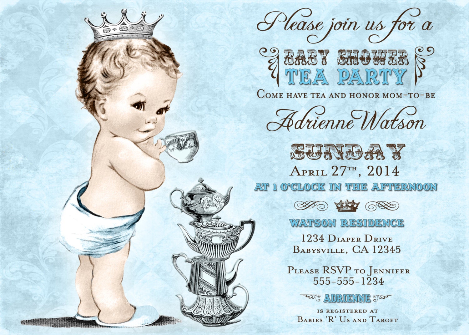 Tea Party Baby Shower Invitation for Boy Prince Crown Blue
