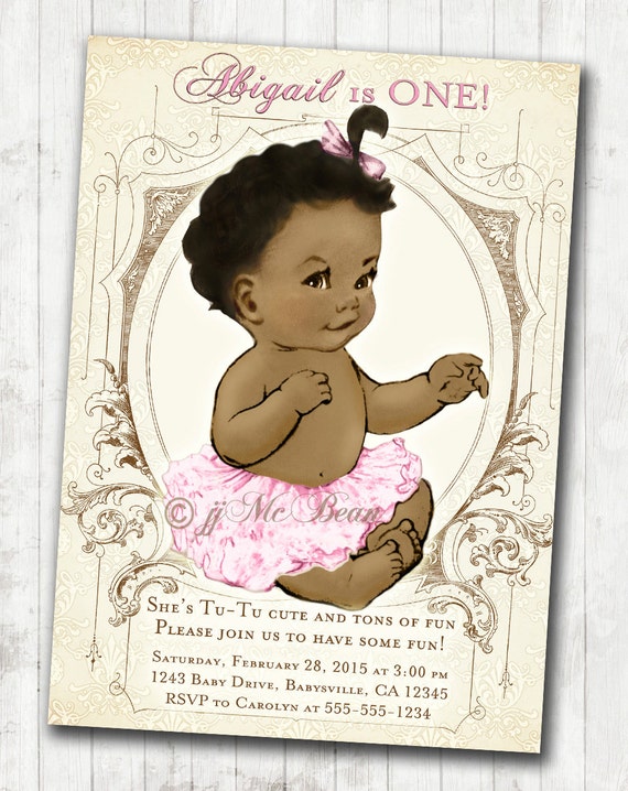 1st Birthday Invitation for Girl - Shabby Chic Birthday - Vintage Birthday Invitation - African American - DIY Printable Il_570xn