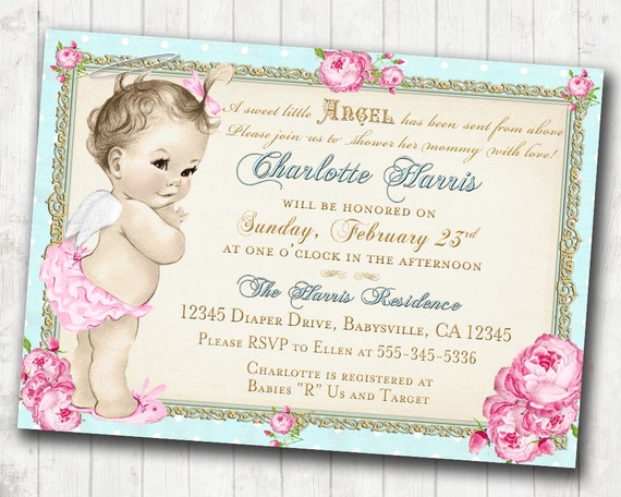 Baby Shower Invitation Angel Shabby Chic Roses Angel | Etsy