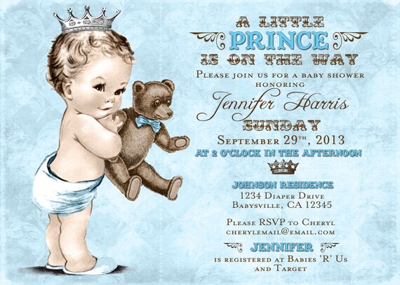 Teddy Bear Baby Shower Invitation For Boy Prince Crown Diy